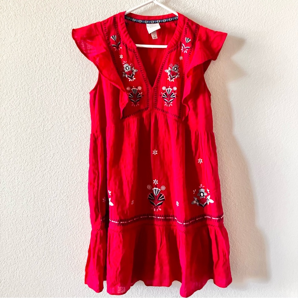 Knox Rose Embroidered Boho Aztec Feminine Ruffled Cottagecore Flowy Mini Dress S